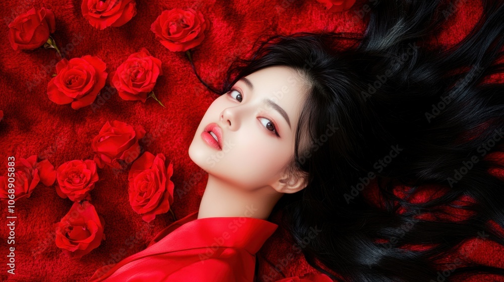 Elegant Woman Surrounded by Red Roses and Velvet Background Elegant Woman Surrounded by Red Roses and Velvet Background