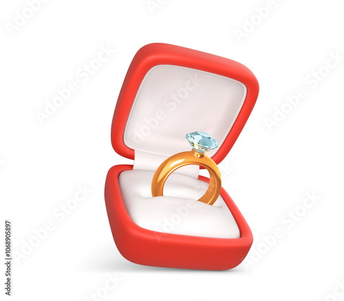 Engagement ring with precious stone in open box. Wedding gold ring and diamond in red case. Accessory for marriage proposal. Vector illustration