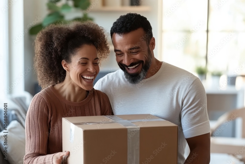 A cheerful couple laughs together while handling a moving box in their bright home, highlighting happiness, bond, and the fresh feeling of a new beginning in life. A cheerful couple laughs together while handling a moving box in their bright home, highlighting happiness, bond, and the fresh feeling of a new beginning in life.