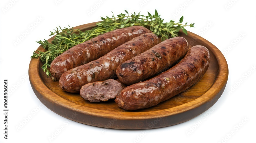 A wooden platter with grilled sausages and fresh thyme, ready for serving. A wooden platter with grilled sausages and fresh thyme, ready for serving.