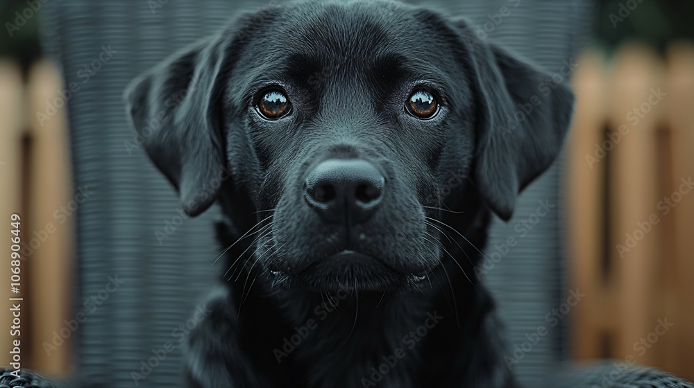 Black dog with big ears and a black nose is sitting on a chair. The dog has a sad expression on its face Black dog with big ears and a black nose is sitting on a chair. The dog has a sad expression on its face