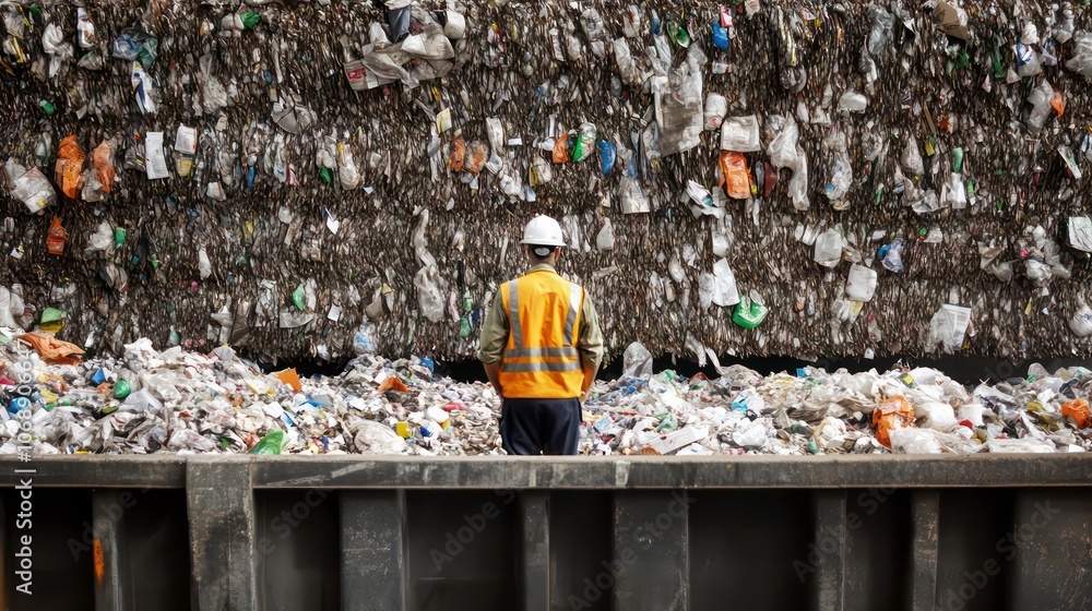A worker surveys a large pile of waste in a recycling facility, highlighting waste management issues. A worker surveys a large pile of waste in a recycling facility, highlighting waste management issues.