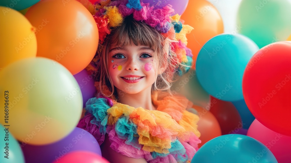 A playful girl in a whimsical outfit, surrounded by colorful balloons, with a joyful expression on her face A playful girl in a whimsical outfit, surrounded by colorful balloons, with a joyful expression on her face