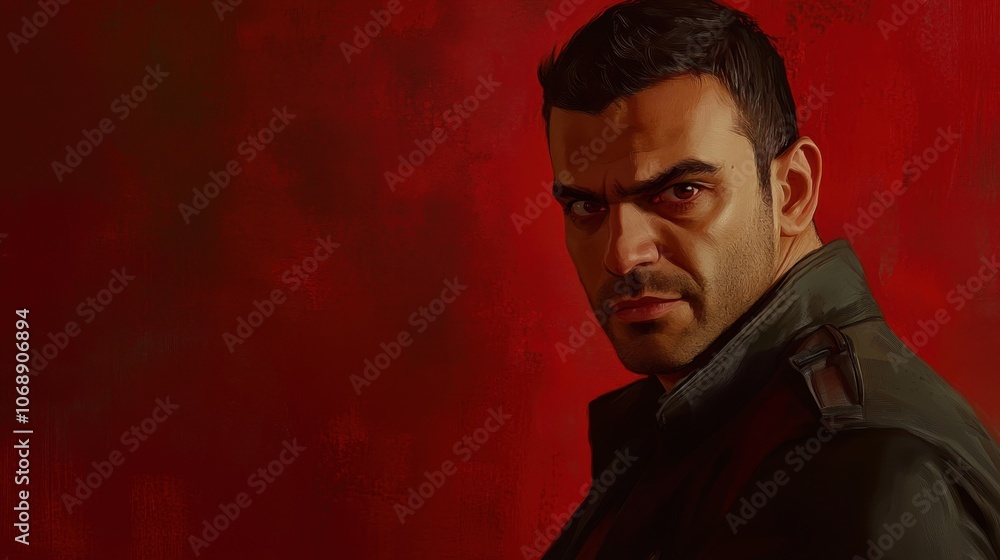 Fototapeta premium Intense Portrait of a Man with Dark Hair and Leather Jacket