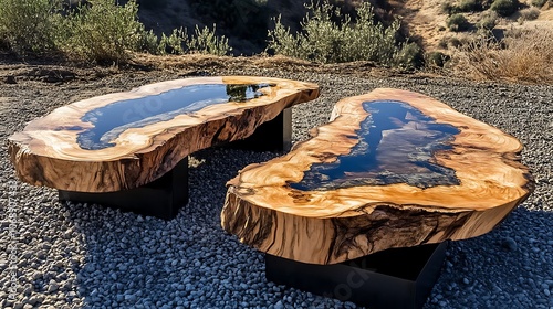 Two unique, irregular shaped wooden coffee tables with a resin inlay. The tables are sitting on a gravel surface.