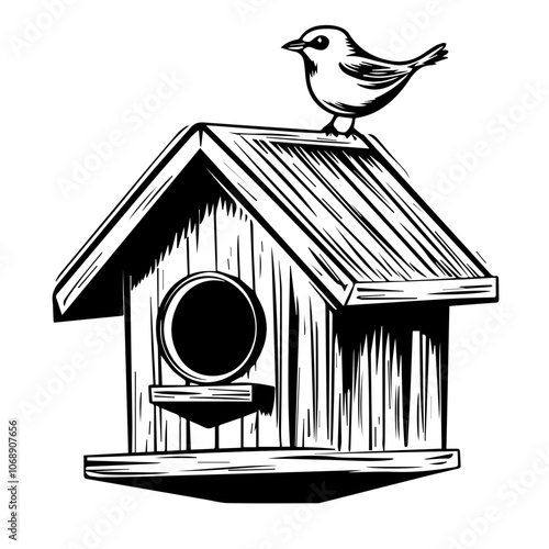 A detailed illustration of a birdhouse featuring a charming little bird perched on the roof, inviting avian inhabitants to find shelter and safety within its wooden structure during the day