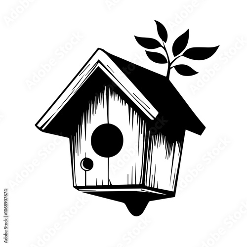 A charming birdhouse design featuring a branch and leaves, symbolizing nature and habitat for birds, perfect for garden decor and wildlife enthusiasts