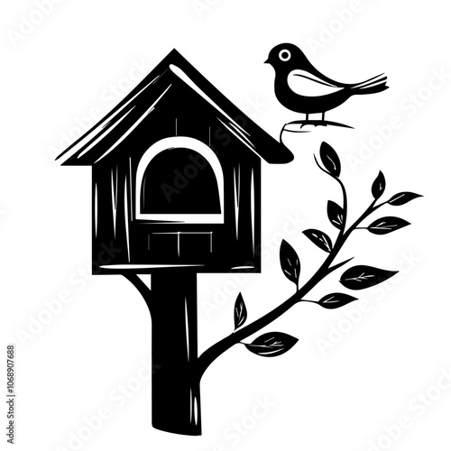 A charming vector illustration of a birdhouse with a perched bird on a branch, showcasing a delightful scene perfect for nature enthusiasts and home décor lovers