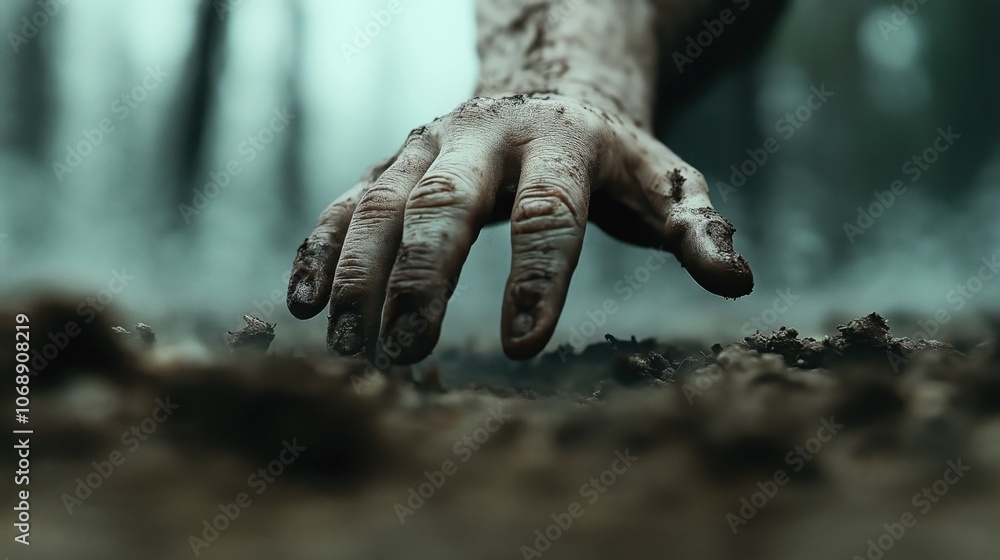 Close-up of a human hand covered in dirt clawing through soil, against a blurred background of trees in a misty forest environment. Close-up of a human hand covered in dirt clawing through soil, against a blurred background of trees in a misty forest environment.