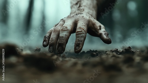 Close-up of a human hand covered in dirt clawing through soil, against a blurred background of trees in a misty forest environment.