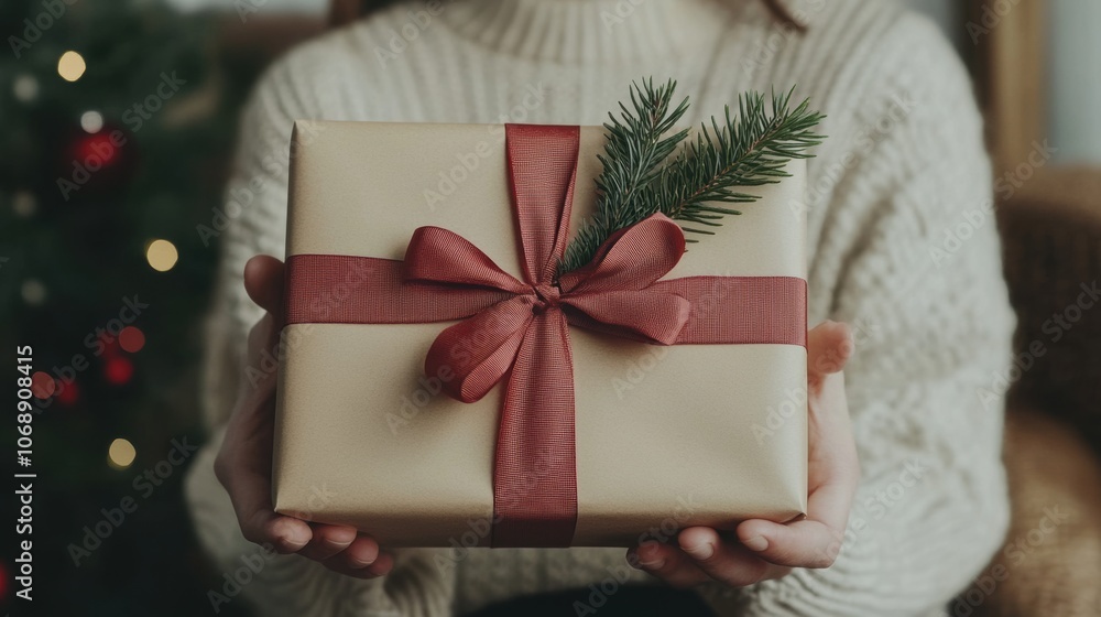 Winter gift wrapped in brown paper with red ribbon Winter gift wrapped in brown paper with red ribbon