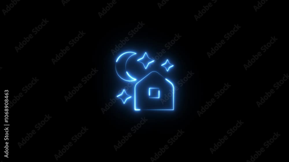 neon house ,moon and star icon animation on black background. neon house ,moon and star icon animation on black background.