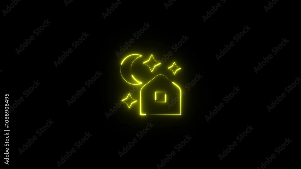 neon house ,moon and star icon animation on black background. neon house ,moon and star icon animation on black background.