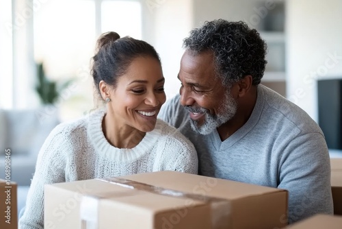 An older couple appears delighted as they handle cardboard moving boxes, representing themes of renewal, lasting partnership, and the adventures of relocating together. photo