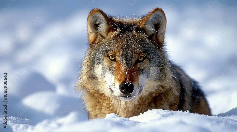 Gray wolf (Canis lupus), wolf standing in the snow Gray wolf (Canis lupus), wolf standing in the snow