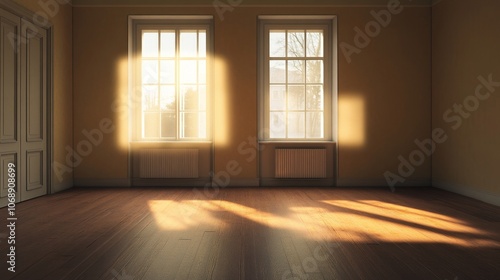 Sunlight streams through windows in an empty room, creating a warm and inviting atmosphere. Perfect for interior design and home decor projects.