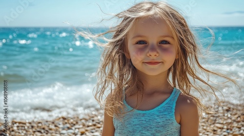 Fototapeta Naklejka Na Ścianę i Meble -  A young Croatian girl with flowing hair, enjoying a sunny day on a pebble beach along the Adriatic coast