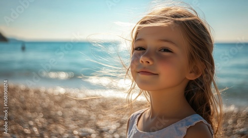 Fototapeta Naklejka Na Ścianę i Meble -  A young Croatian girl with flowing hair, enjoying a sunny day on a pebble beach along the Adriatic coast