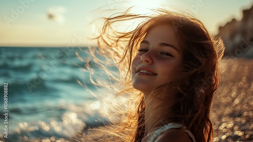 Fototapeta Naklejka Na Ścianę i Meble -  A young Croatian girl with flowing hair, enjoying a sunny day on a pebble beach along the Adriatic coast
