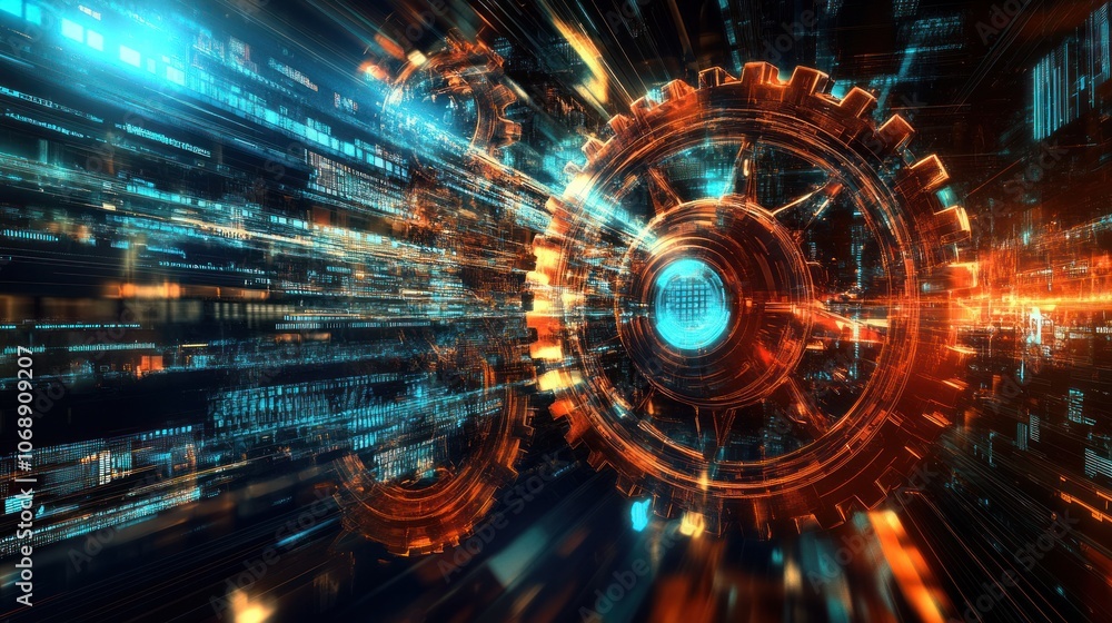 An abstract visual of digital innovation with gears and digital screens blending into a dynamic, futuristic design An abstract visual of digital innovation with gears and digital screens blending into a dynamic, futuristic design