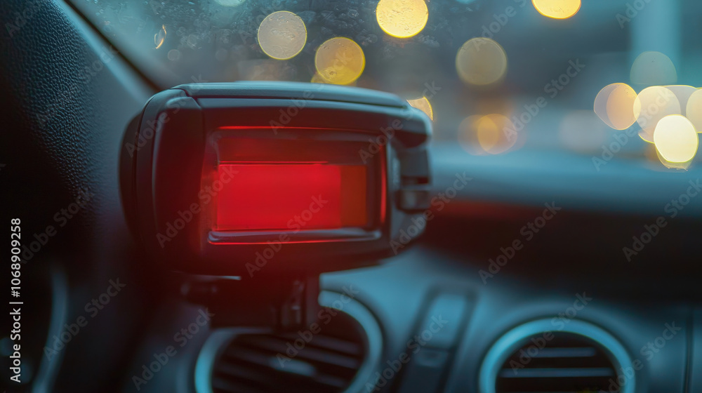 Red display device inside a car at night with blurred city lights in the background