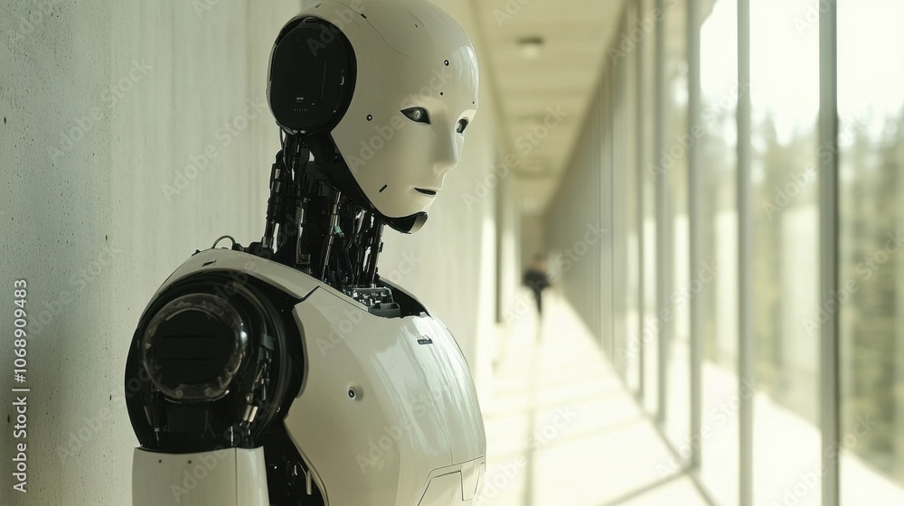 Futuristic Robot in Modern Corridor Setting Futuristic Robot in Modern Corridor Setting