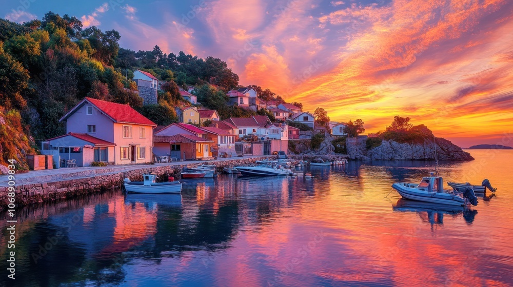 Fototapeta premium A serene coastal village at sunset, reflecting vibrant colors on calm waters.