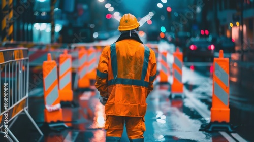 Traffic control technician sets up safety barriers in urban setting