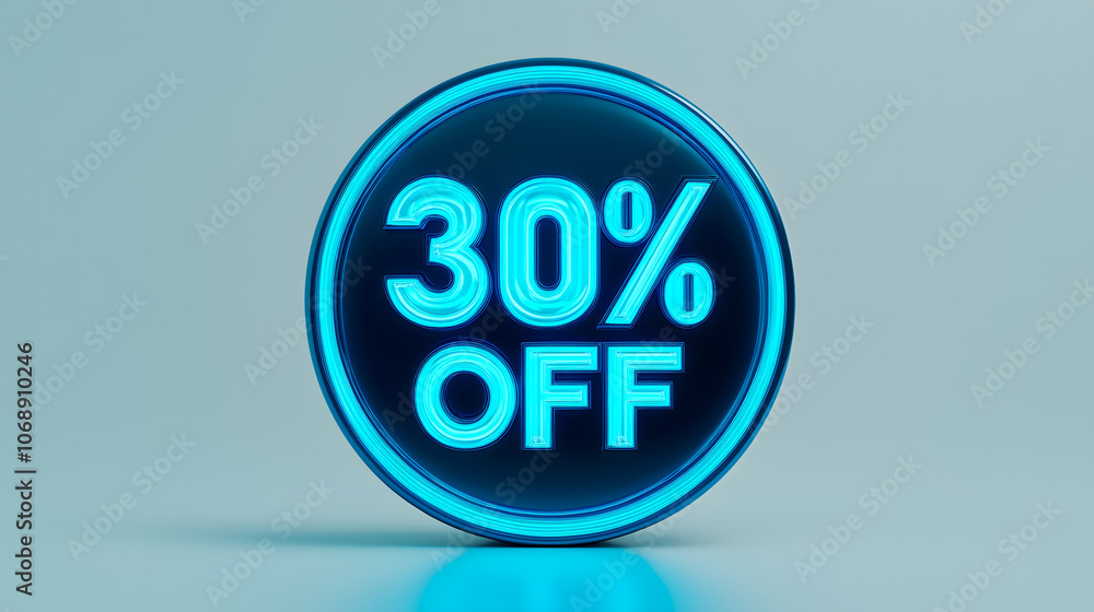 3D neon style blue circular sign with 30% OFF text 3D neon style blue circular sign with 30% OFF text