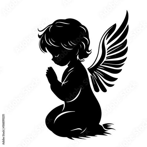 A cute angel kneeling in prayer with delicate wings, conveying a sense of peace and serenity in a timeless moment of reflection