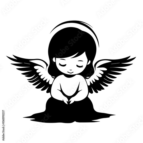 A charming illustration of a cute angel character, featuring a serene expression, delicate wings, and hands gently cradling a small heart, perfect for children's art and design projects