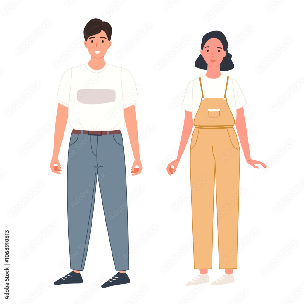 Beautiful young woman and man in casual street fashion, young couple, cartoon illustration, isolated on white, vector illustration. Beautiful young woman and man in casual street fashion, young couple, cartoon illustration, isolated on white, vector illustration.