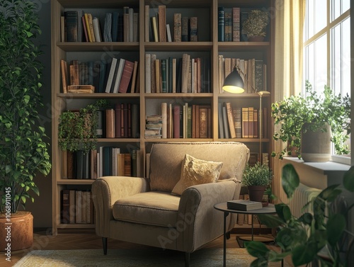 Cozy Reading Corner in Living Room with Wooden Bookshelf  Books  and Plants