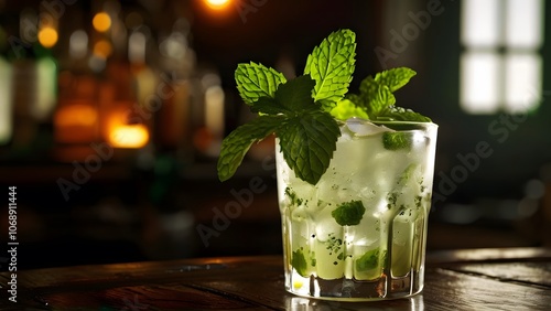 Cold and Refreshing Mint Julep with Fresh Mint Leaves Beautifully Served on the Bar Counter: Inviting Cocktail Experience