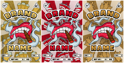 Set of Cartoon Smoking Mouth with Root Beer, Cola, Ginger Strains and Smoke