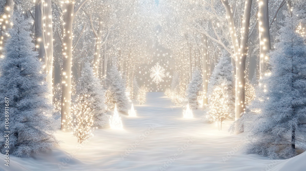 A magical winter forest illuminated with lights and snow, creating a serene atmosphere. A magical winter forest illuminated with lights and snow, creating a serene atmosphere.