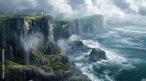 A dramatic coastal landscape featuring cliffs, a lighthouse, and turbulent ocean waves.