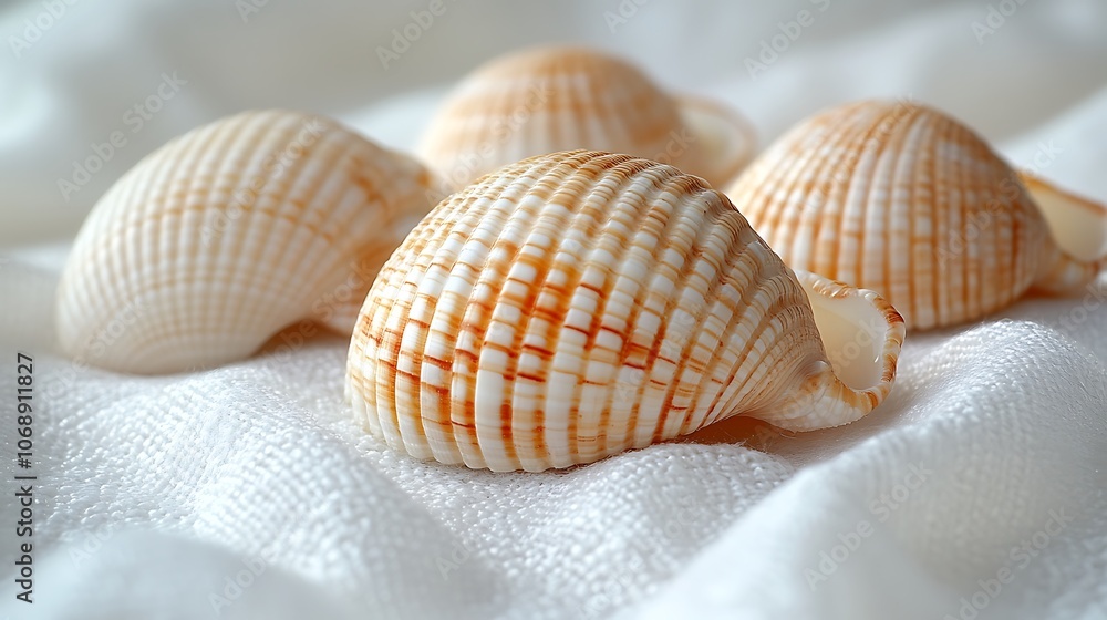 Closeup of Seashells on White Fabric Closeup of Seashells on White Fabric