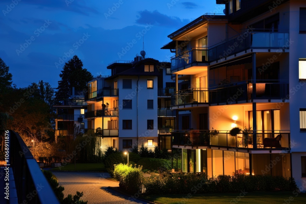 Fototapeta premium Apartment Night. Modern Residential Building in Urban District Real Estate