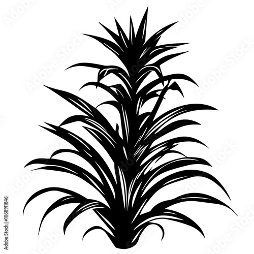 A detailed silhouette of an intricate pineapple plant showcasing its lush leaves and distinct fronds against a minimalistic environment