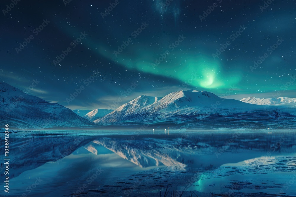 Naklejka premium Aurora Lights. Natural Arctic Atmosphere with Breathtaking Green Borealis Over Canadian Mountains