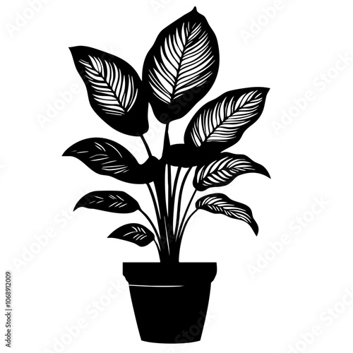A black silhouette of a decorative indoor plant in a terracotta pot showcasing elegant leaves and intricate details symbolic of indoor gardening trends