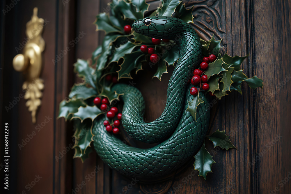 Green snake Christmas wreath with red berries and green leaves hanging on a wooden door Green snake Christmas wreath with red berries and green leaves hanging on a wooden door