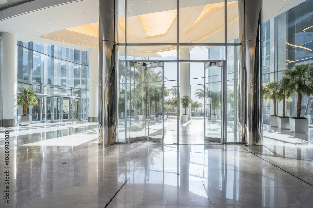 Luxurious Modern Hotel Lobby with Glass Entrance Luxurious Modern Hotel Lobby with Glass Entrance