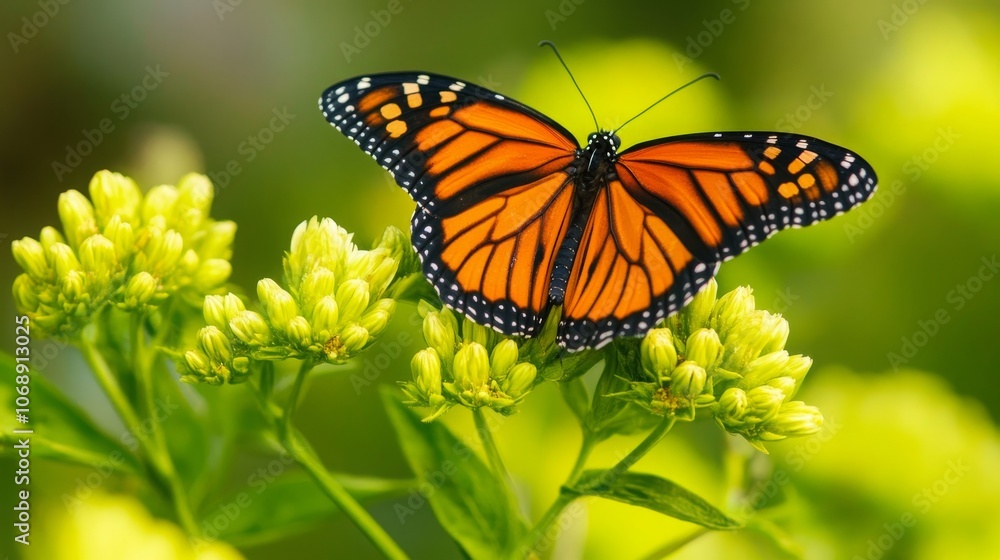Obraz premium Butterfly resting on a vibrant green flower, nature-inspired close-up. 