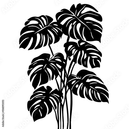 Black vector illustration of monstera plant showcasing lush leaves in a natural arrangement, ideal for home decor, digital designs, and botanical themes
