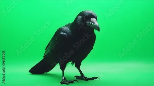 portrait of a black crow on a green background in the studio. Crow with green screen, chroma screen background image  photo