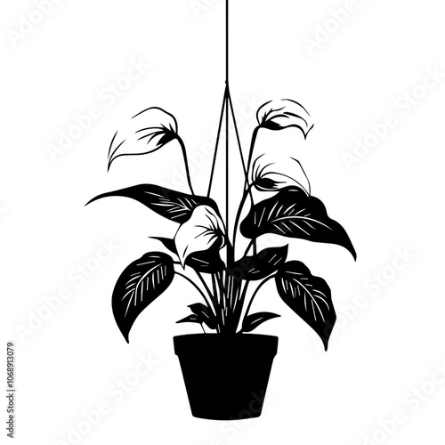 Elegant peace lily displayed in a hanging pot, showcasing its graceful leaves and distinctive flower structure for a minimalist home decor accent