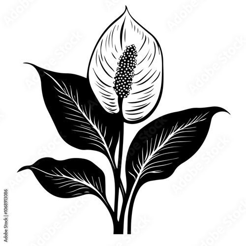 Illustration of a peace lily featuring elegant leaves and a distinctive bloom, showcasing the beauty of nature’s design in intricate vector art
