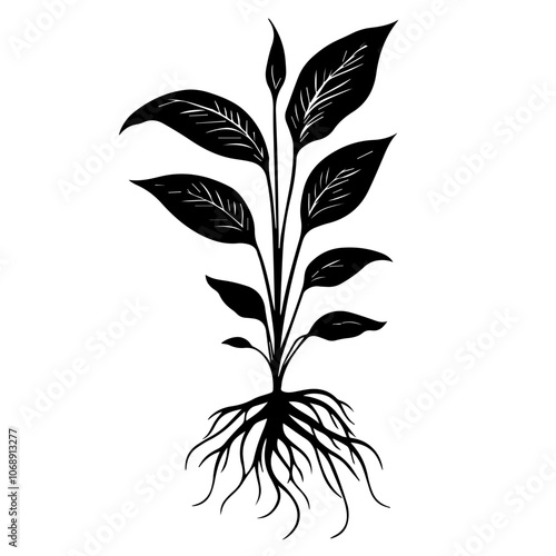Detailed vector illustration of a peace lily plant displaying its leaves and roots, emphasizing natural beauty and resilience, captured at a moment of growth